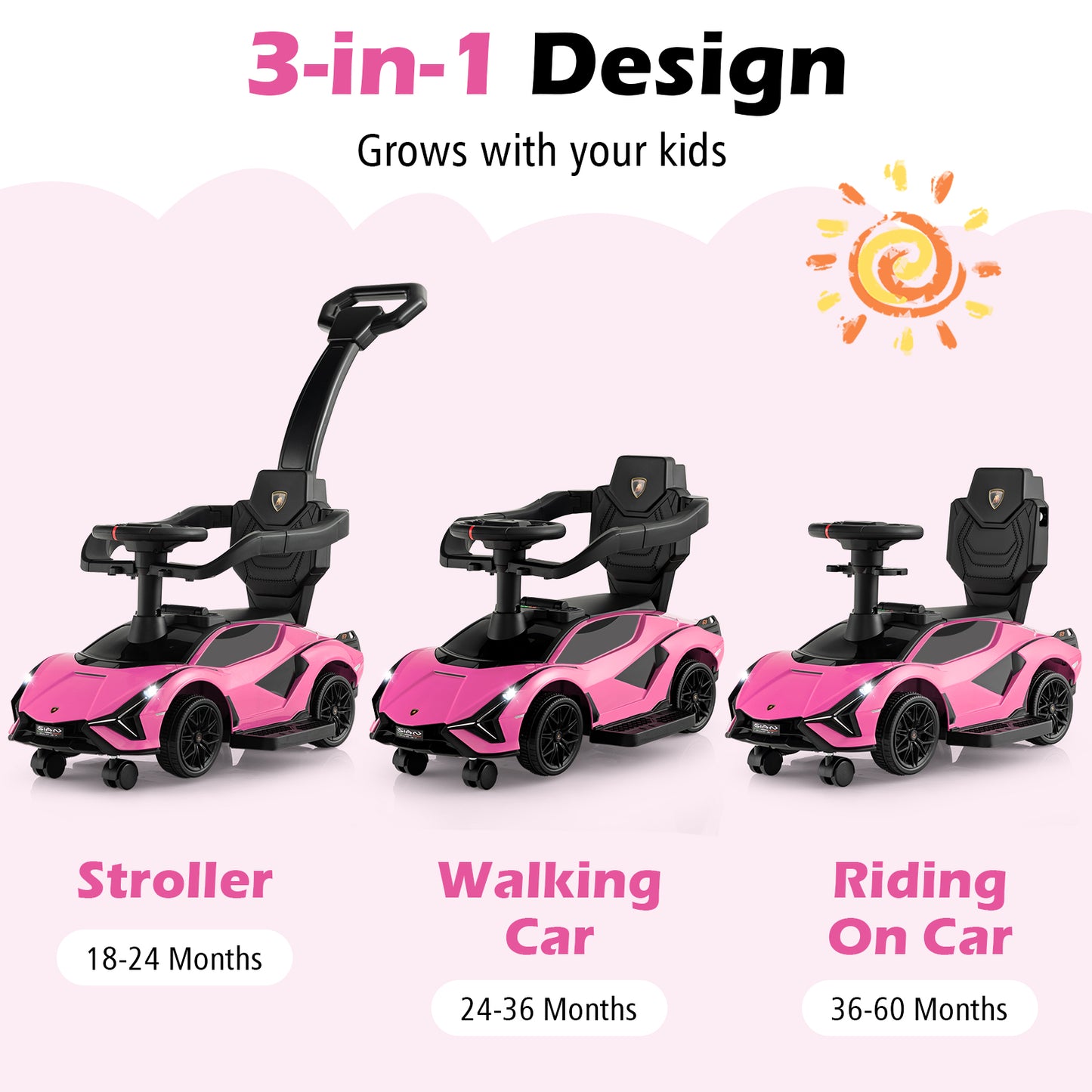 3 in 1 Licensed Lamborghini Ride Walking Toy Stroller-Pink Kids Crystal