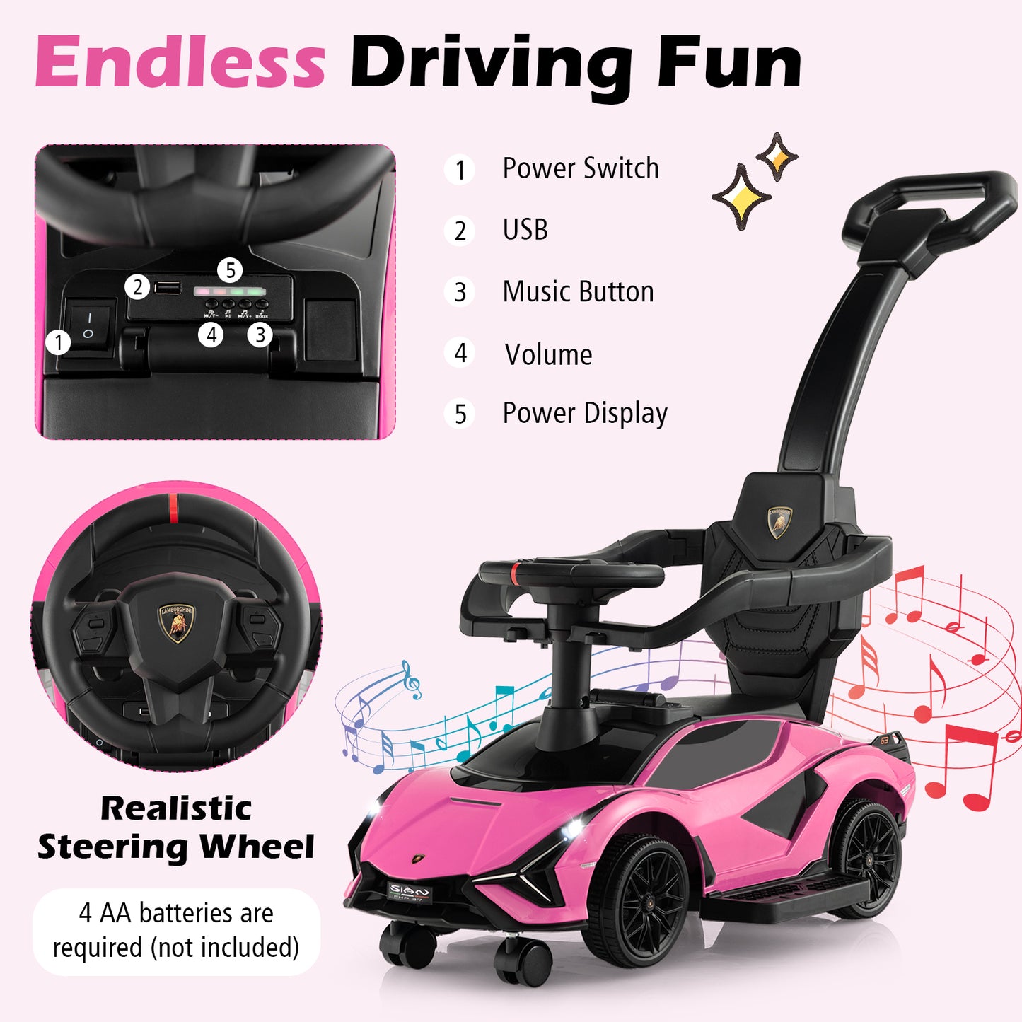 3 in 1 Licensed Lamborghini Ride Walking Toy Stroller-Pink Kids Crystal