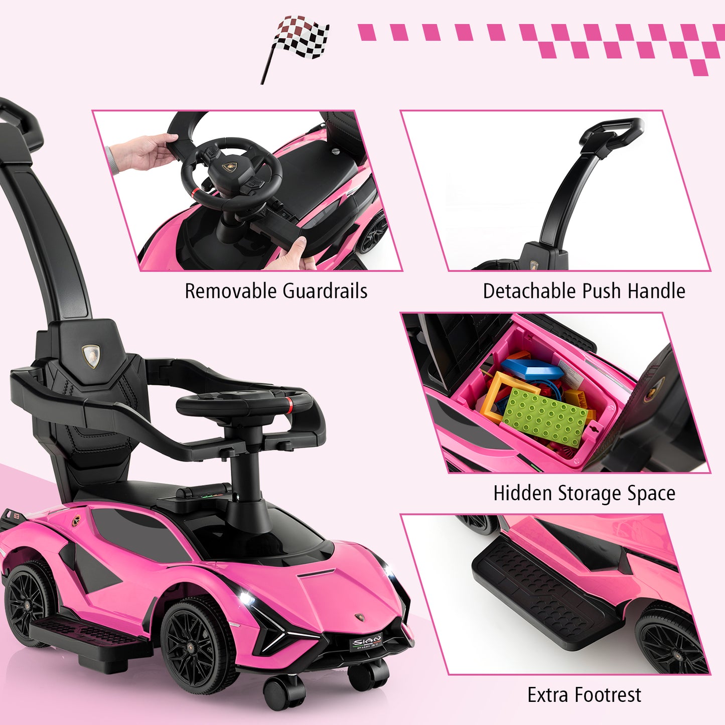 3 in 1 Licensed Lamborghini Ride Walking Toy Stroller-Pink Kids Crystal