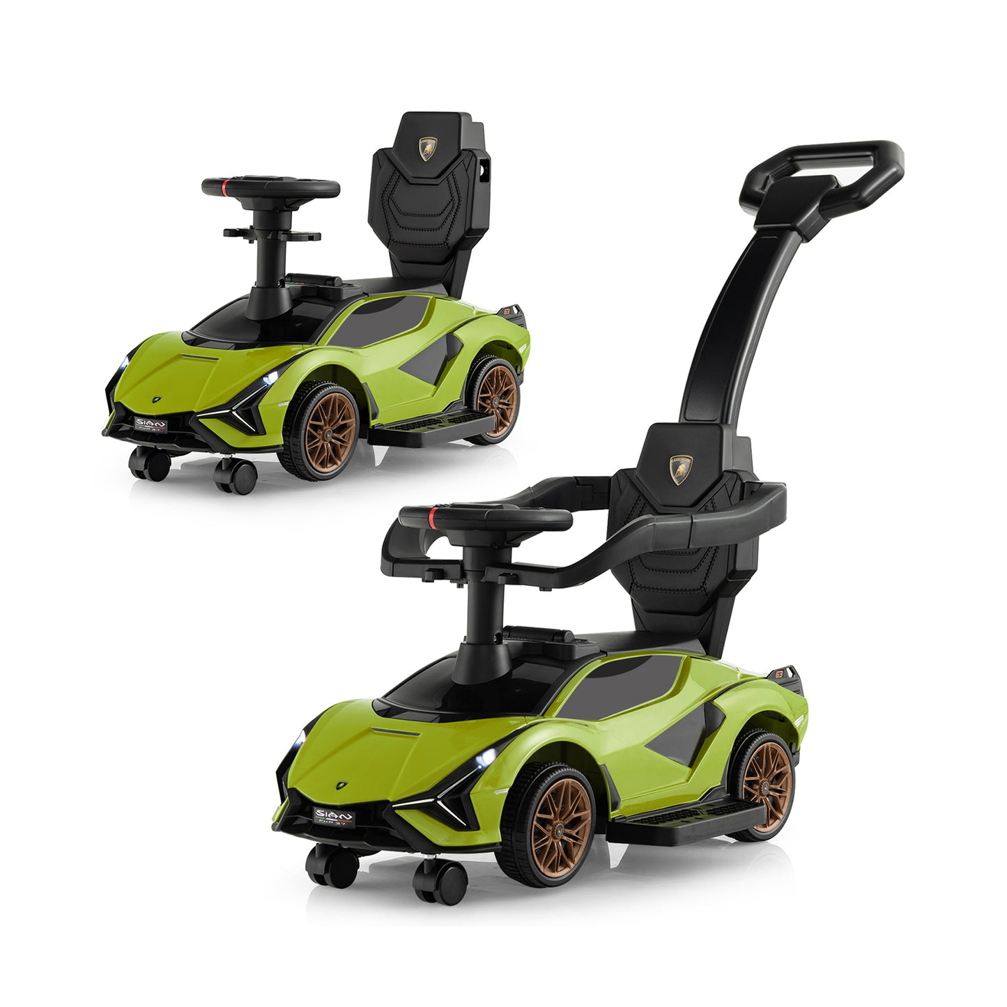 3 in 1 Licensed Lamborghini Ride Walking Toy Stroller-Green Kids Crystal