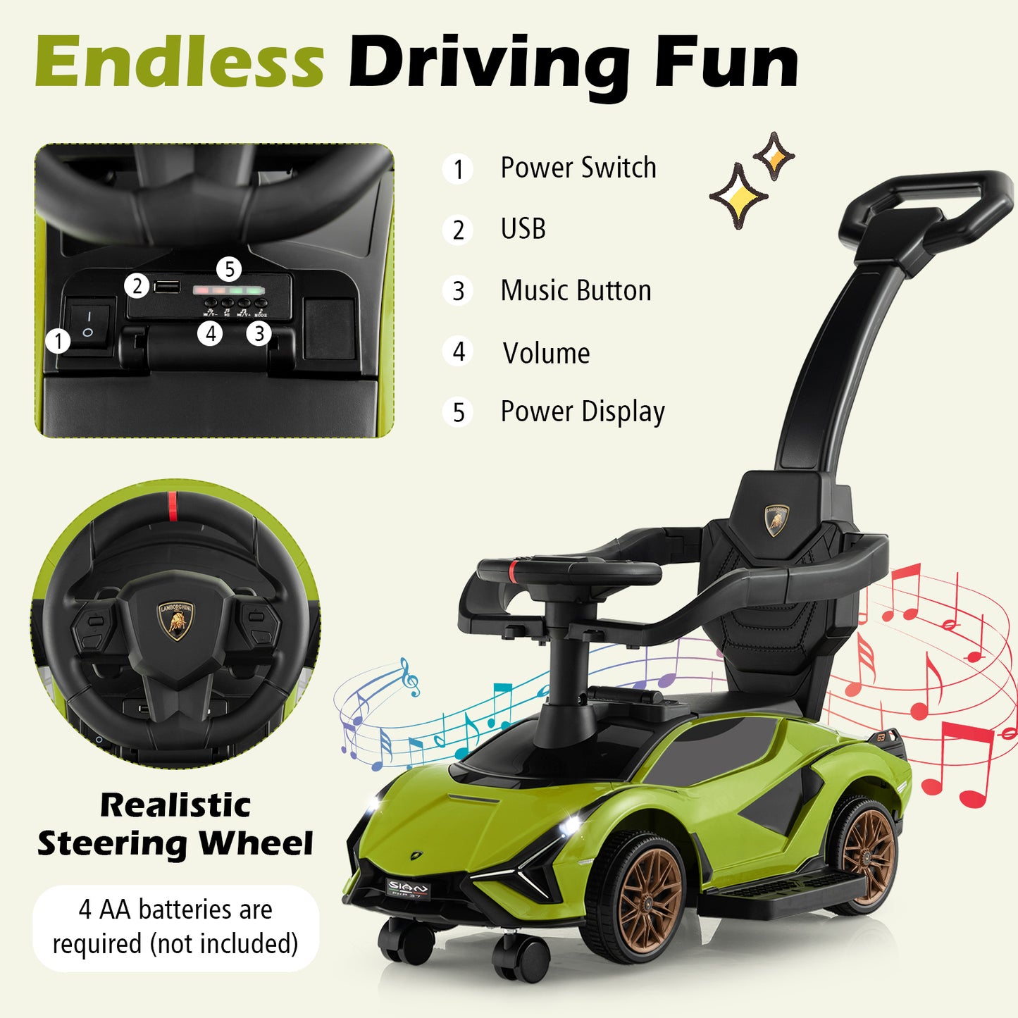 3 in 1 Licensed Lamborghini Ride Walking Toy Stroller-Green Kids Crystal