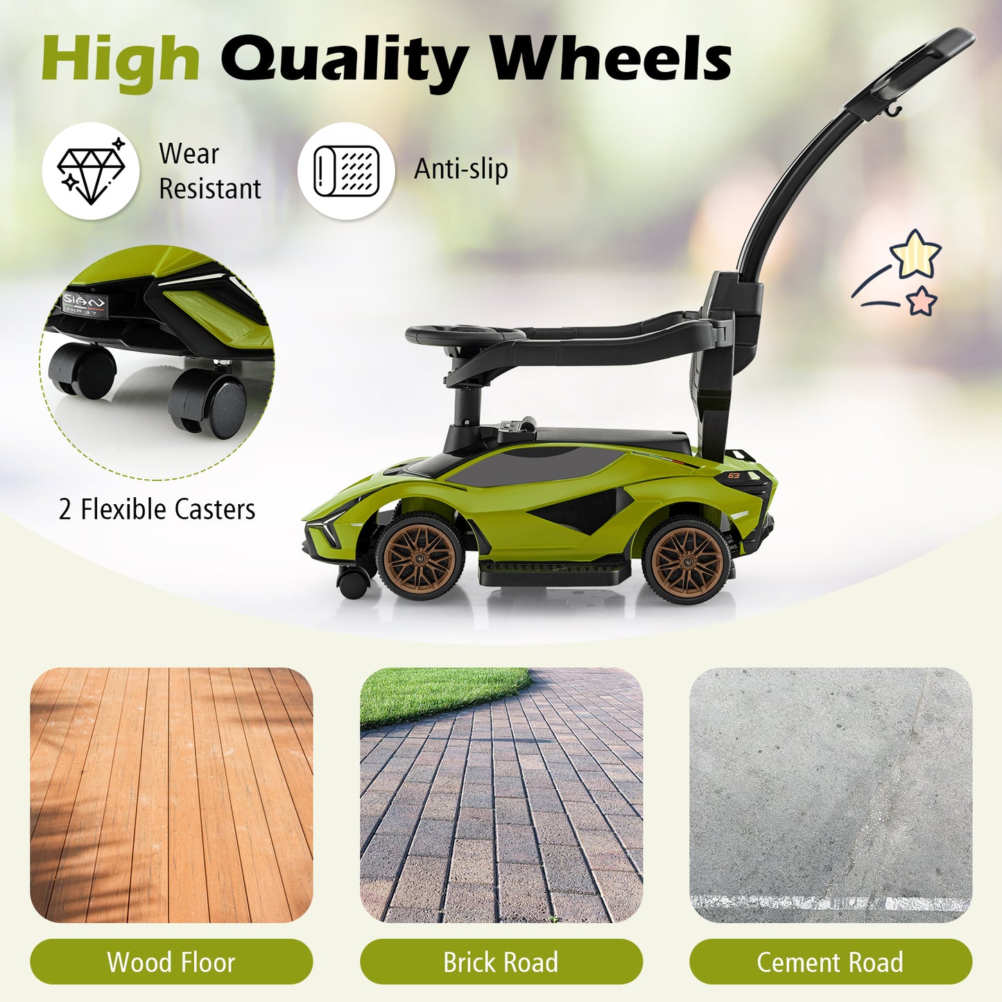 3 in 1 Licensed Lamborghini Ride Walking Toy Stroller-Green Kids Crystal