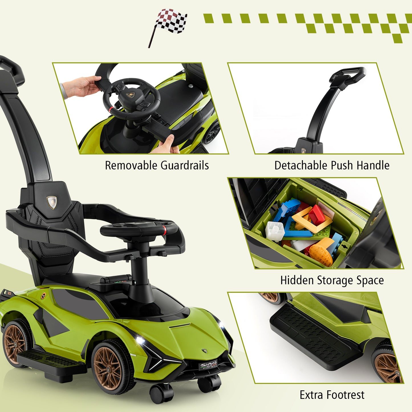 3 in 1 Licensed Lamborghini Ride Walking Toy Stroller-Green Kids Crystal