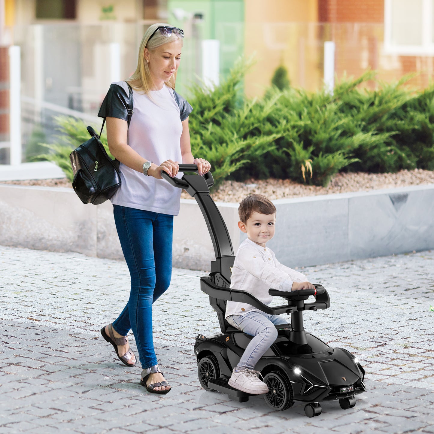 3 in 1 Licensed Lamborghini Ride Walking Toy Stroller-Black Kids Crystal