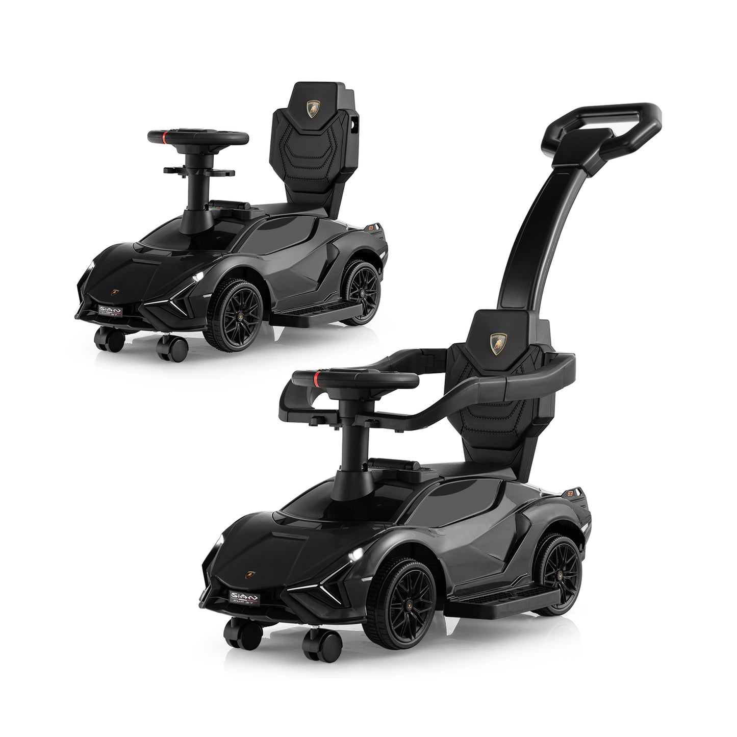 3 in 1 Licensed Lamborghini Ride Walking Toy Stroller-Black Kids Crystal