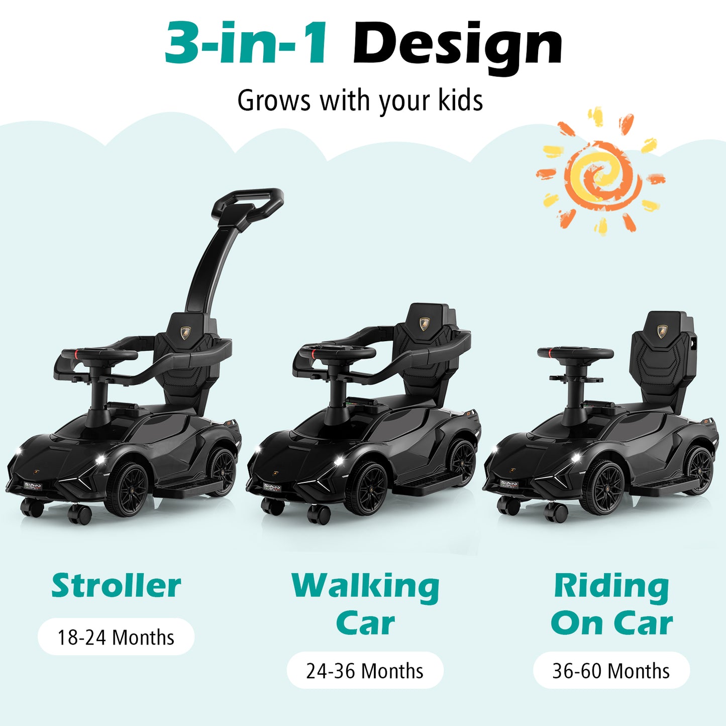3 in 1 Licensed Lamborghini Ride Walking Toy Stroller-Black Kids Crystal