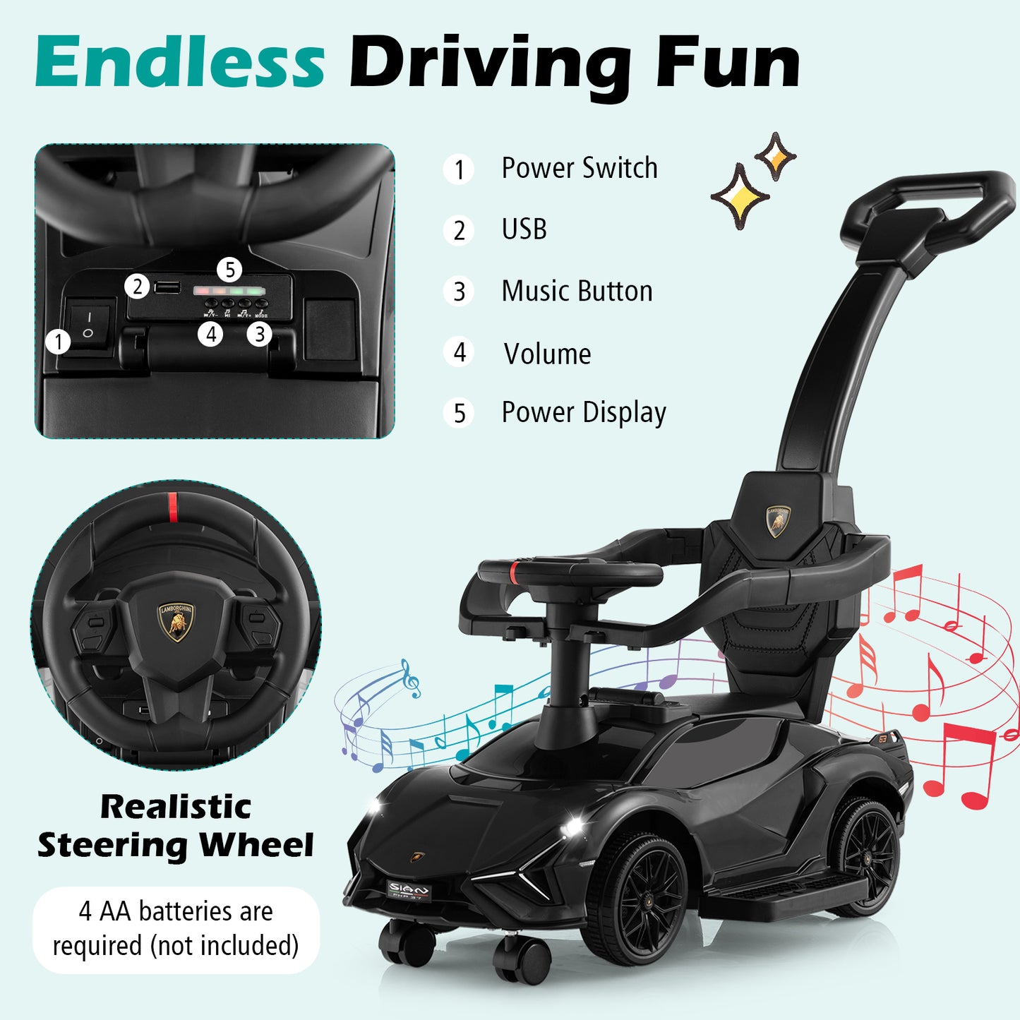 3 in 1 Licensed Lamborghini Ride Walking Toy Stroller-Black Kids Crystal