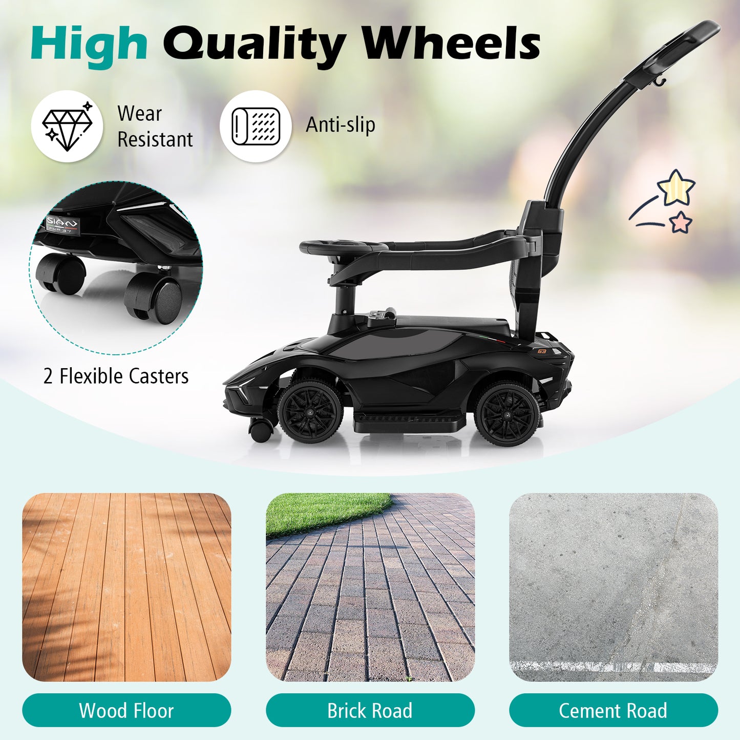 3 in 1 Licensed Lamborghini Ride Walking Toy Stroller-Black Kids Crystal