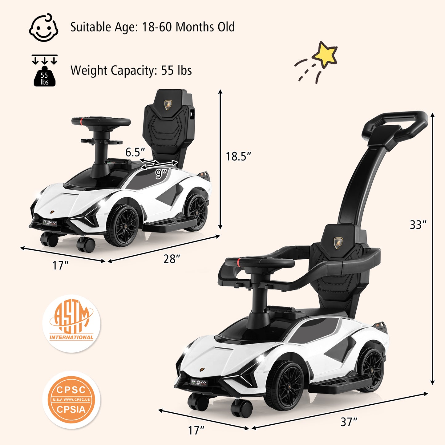 3 in 1 Licensed Lamborghini Ride Walking Toy Stroller-White Kids Crystal