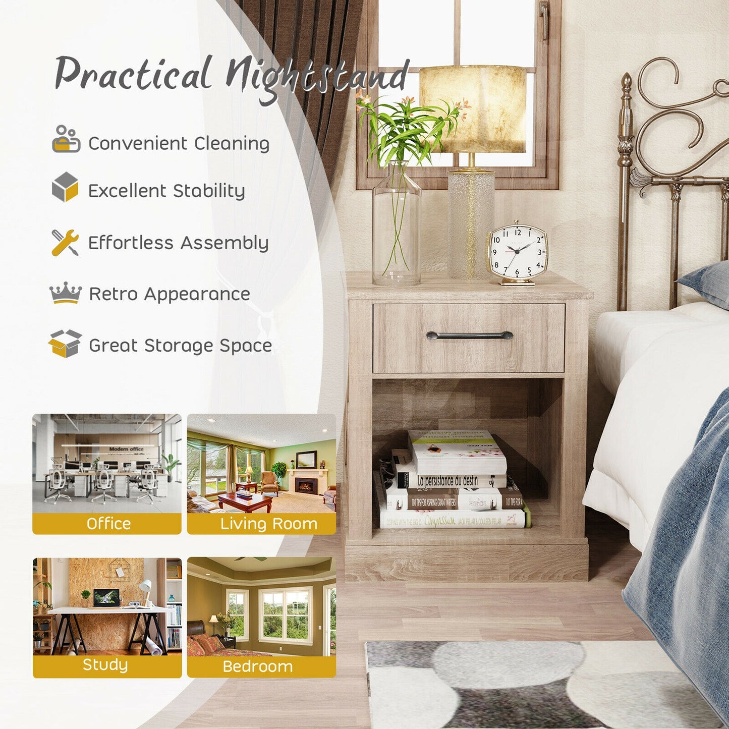 Compact Nightstand with Drawer and Shelf-Natural Kids Crystal