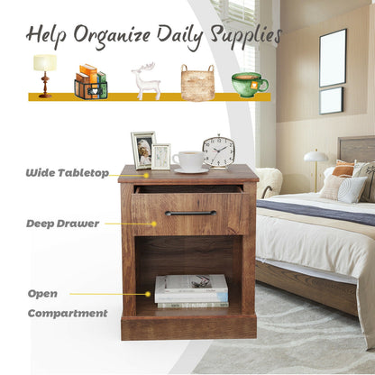 Compact Nightstand with Drawer and Shelf-Brown