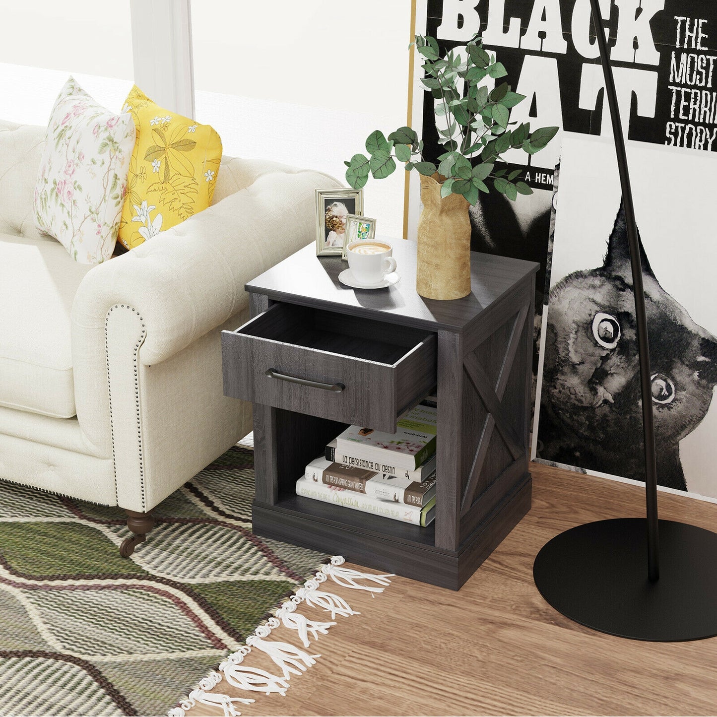 Compact Nightstand with Drawer and Shelf-Black Kids Crystal