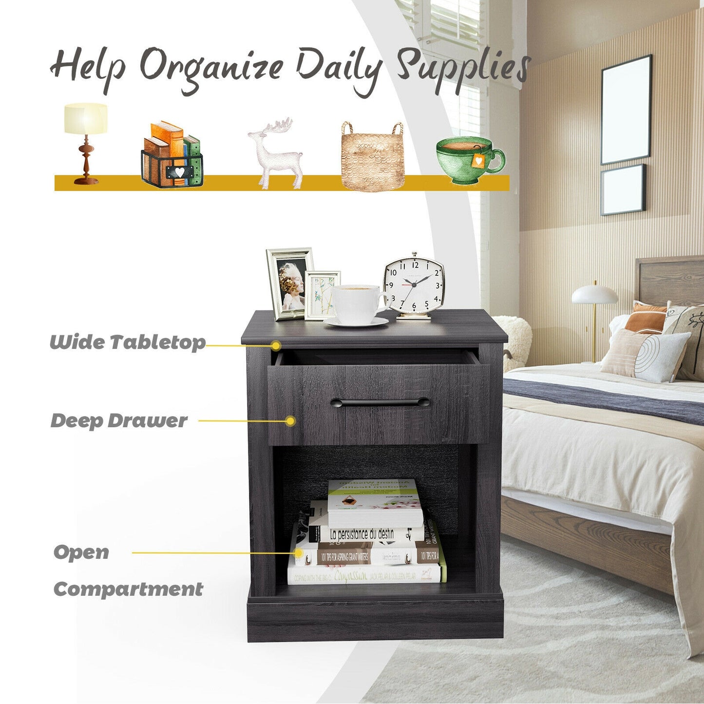 Compact Nightstand with Drawer and Shelf-Black Kids Crystal