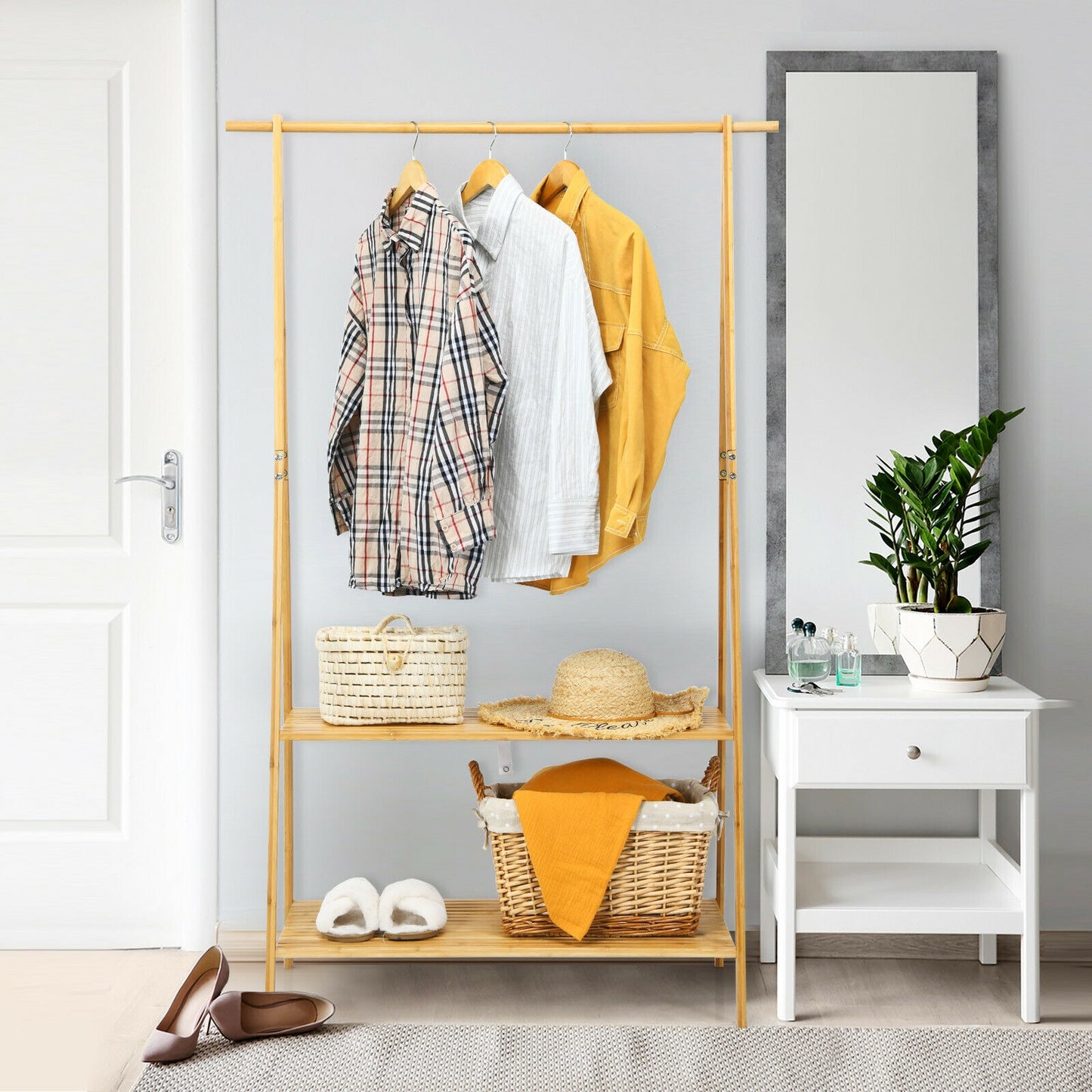 Bamboo Clothes Hanging Rack with 2-Tier Storage Shelf for Entryway Bedroom-Natural Kids Crystal