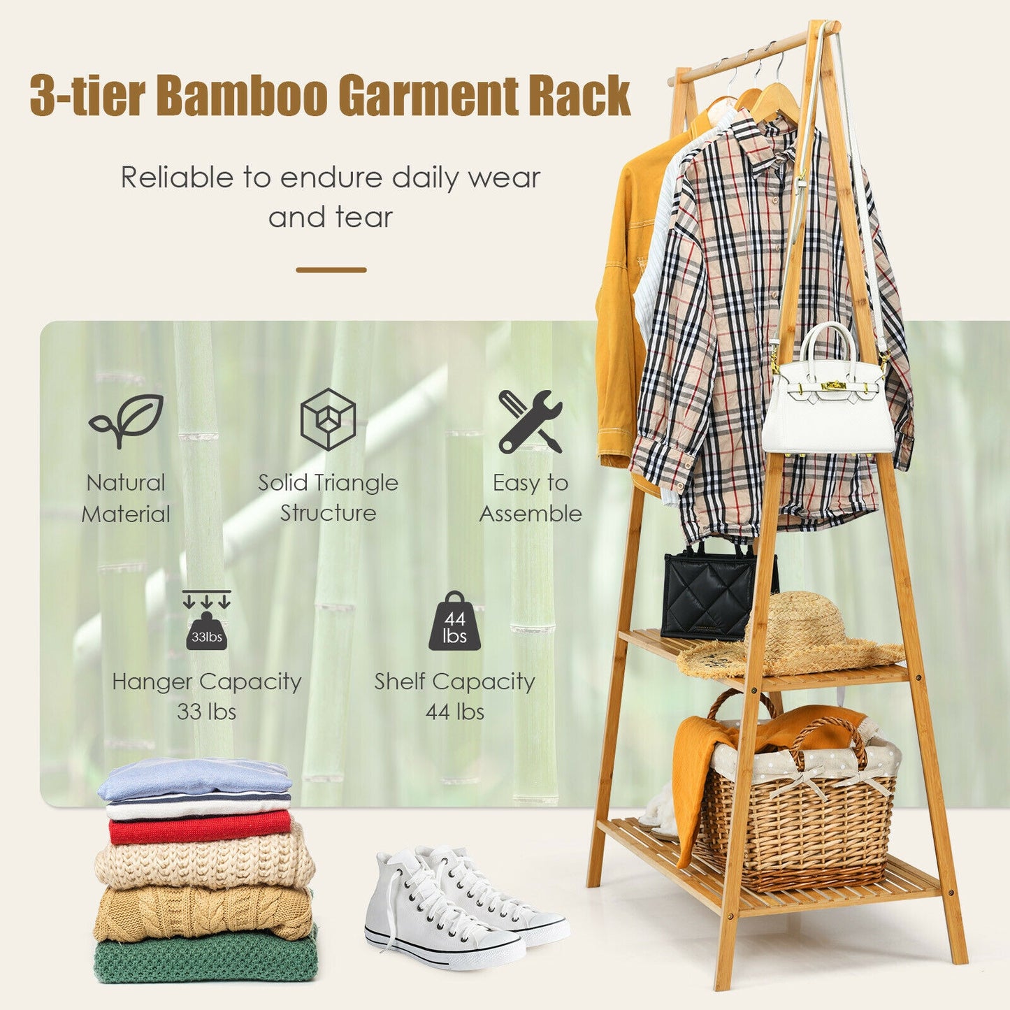Bamboo Clothes Hanging Rack with 2-Tier Storage Shelf for Entryway Bedroom-Natural Kids Crystal