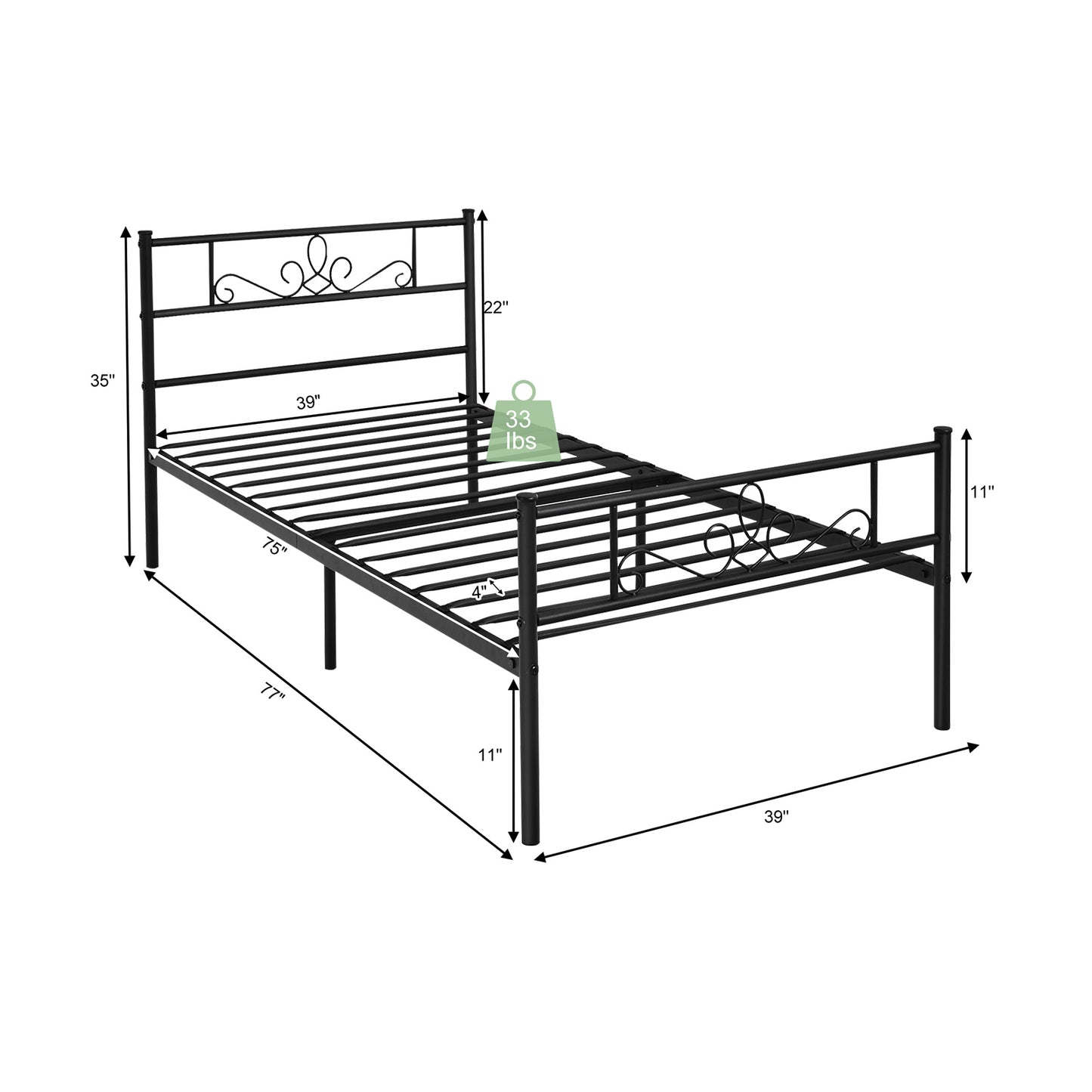 Twin/Full/Queen Size Metal Bed Frame with Headboard and Footboard-Twin Size Kids Crystal
