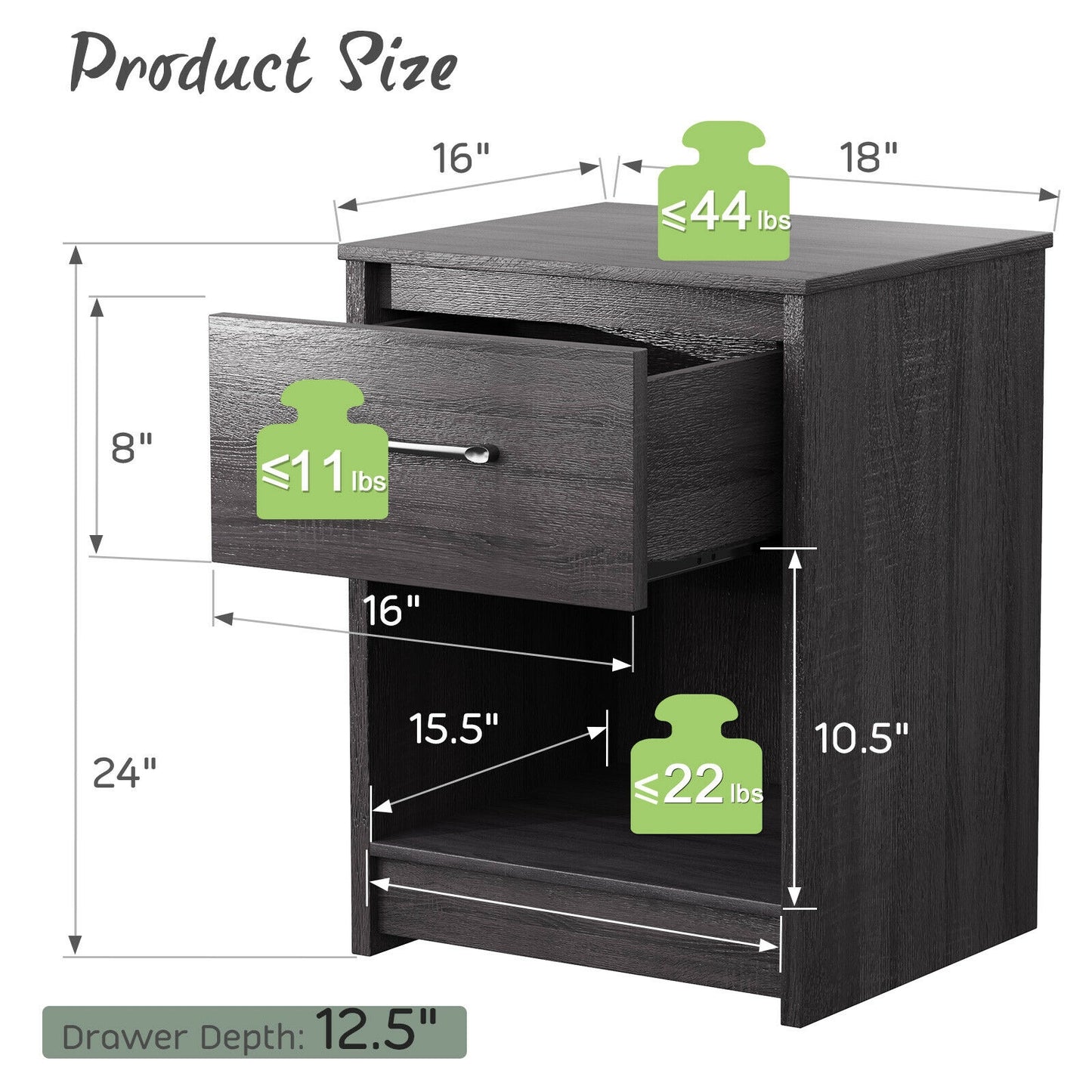 Wooden End Side Table Nightstand with Drawer Storage Shelf-Black Kids Crystal