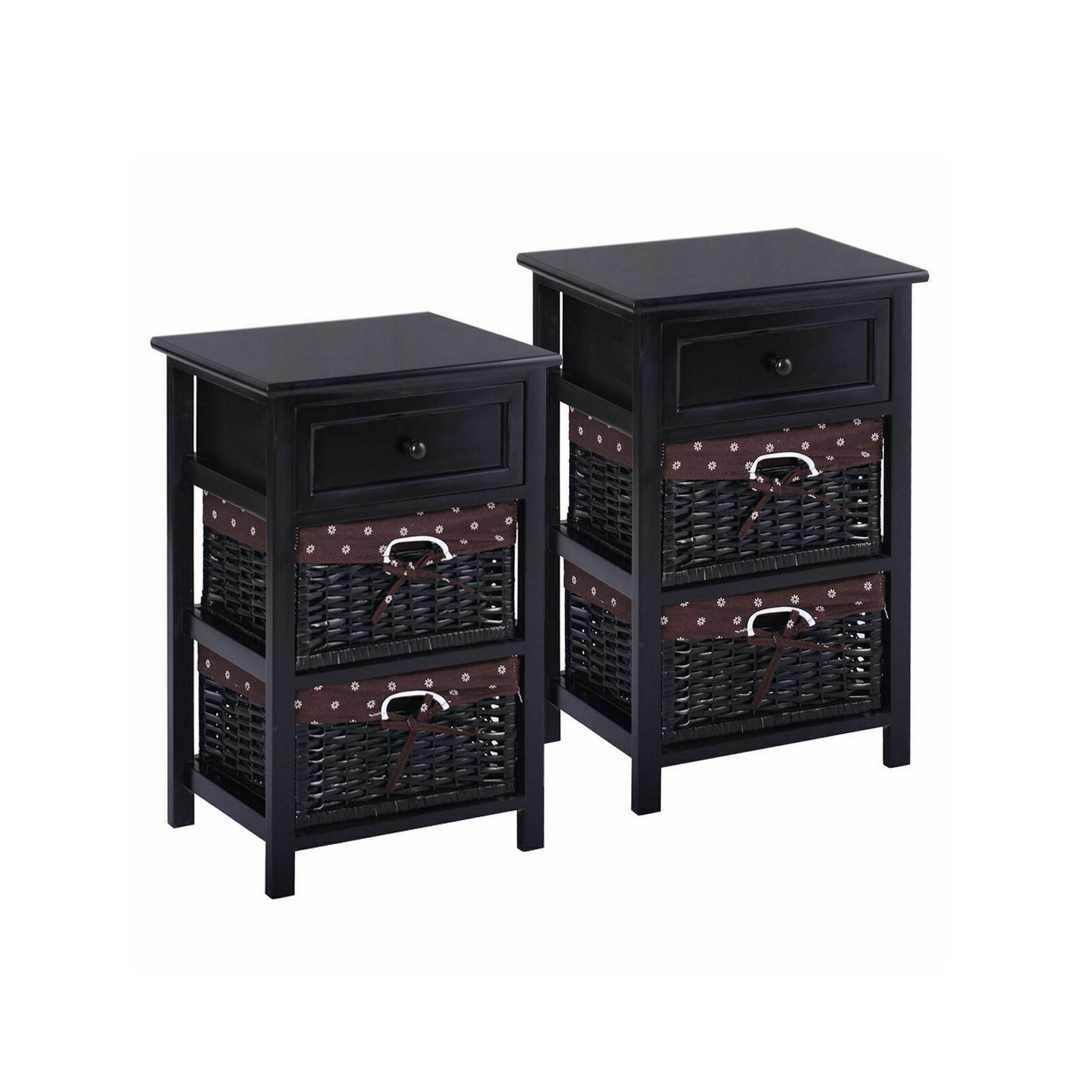 3 Tier Set of 2 Wood Nightstand with 1 and 2 Drawer -Black Kids Crystal