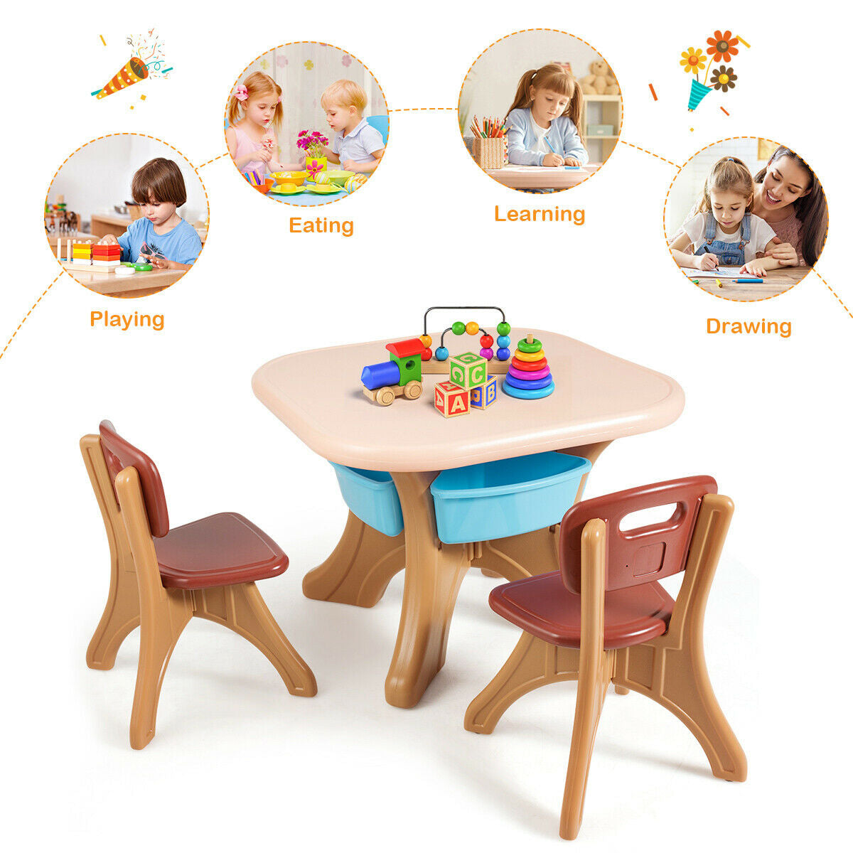 Kids Activity Table & Chair Set Play Furniture with Storage-Coffee Kids Crystal