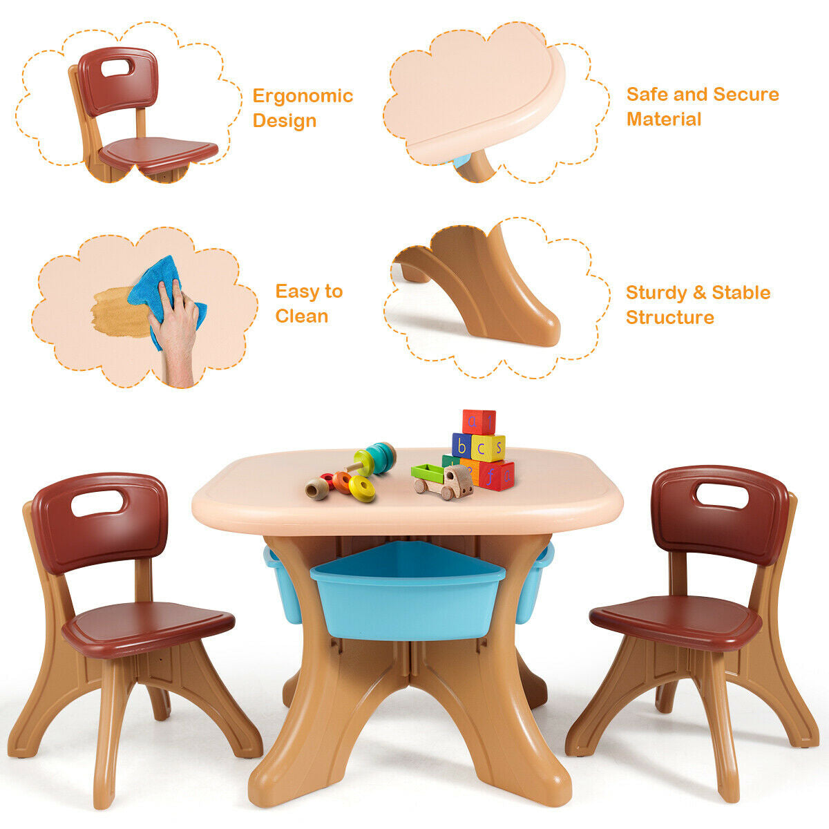 Kids Activity Table & Chair Set Play Furniture with Storage-Coffee Kids Crystal