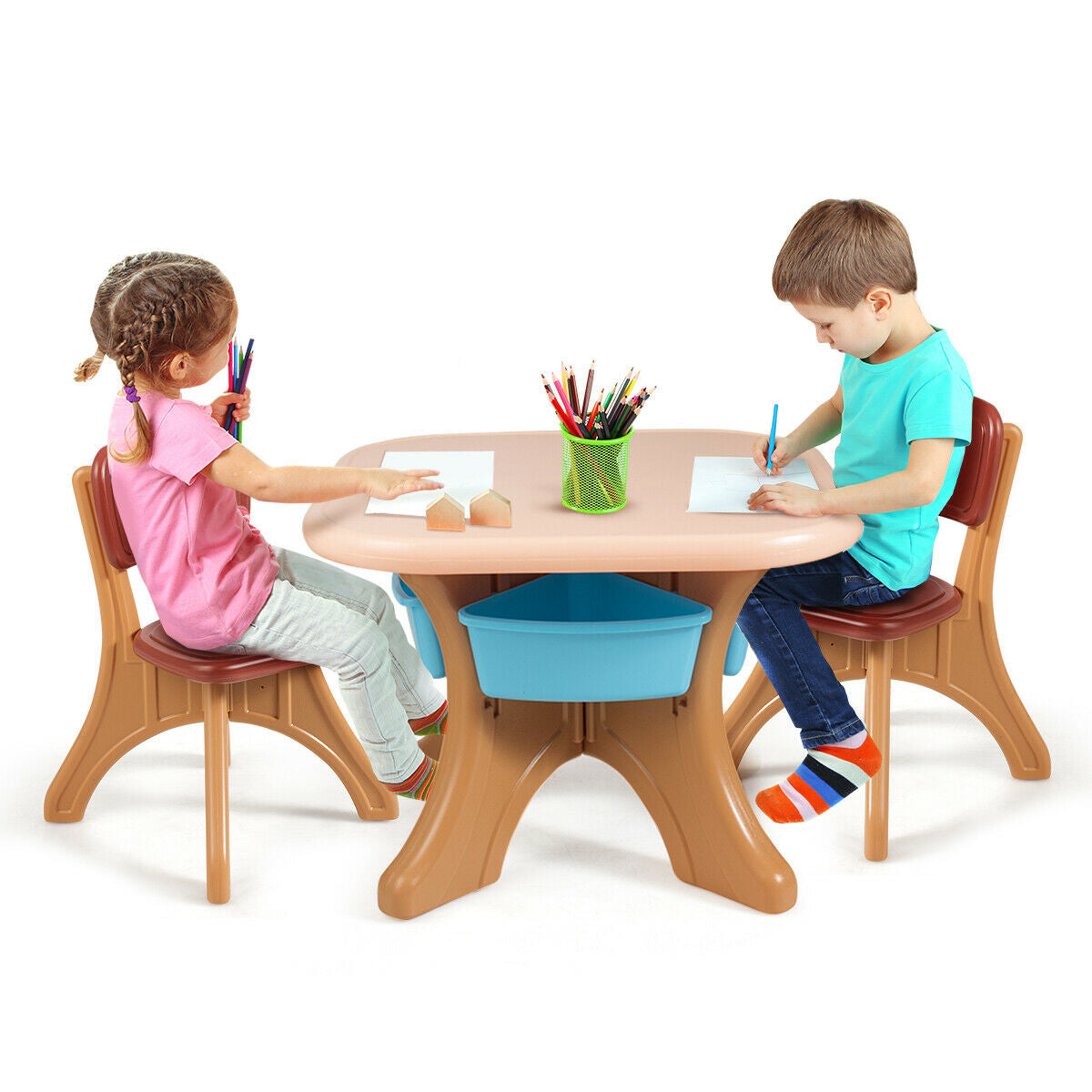 Kids Activity Table & Chair Set Play Furniture with Storage-Coffee Kids Crystal