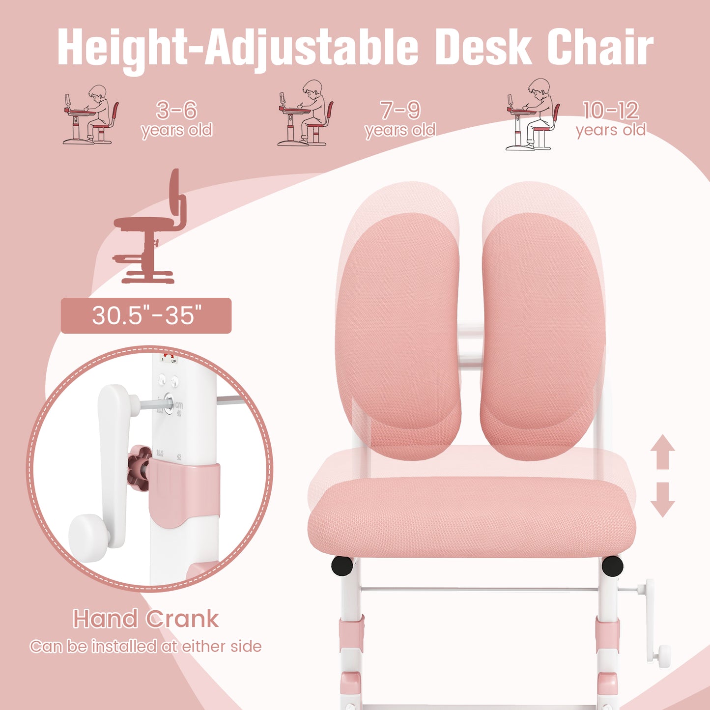 Ergonomic Height-adjustable Kids Study Chair with Double Back Support-Pink