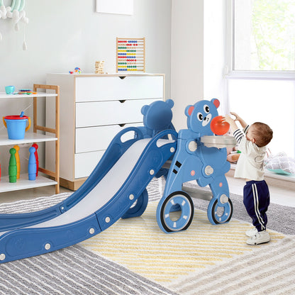 4-in-1 Kids Plastic Folding Slide PlaySet with Ring Toss and Ball-Blue