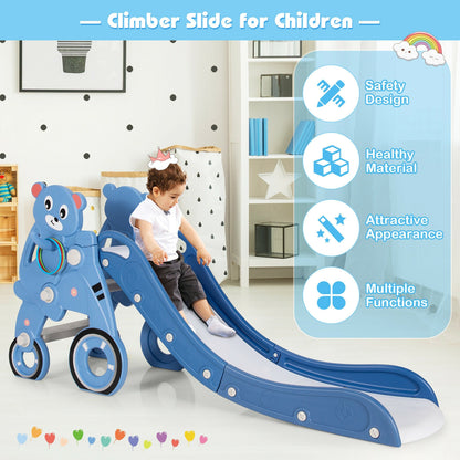 4-in-1 Kids Plastic Folding Slide PlaySet with Ring Toss and Ball-Blue