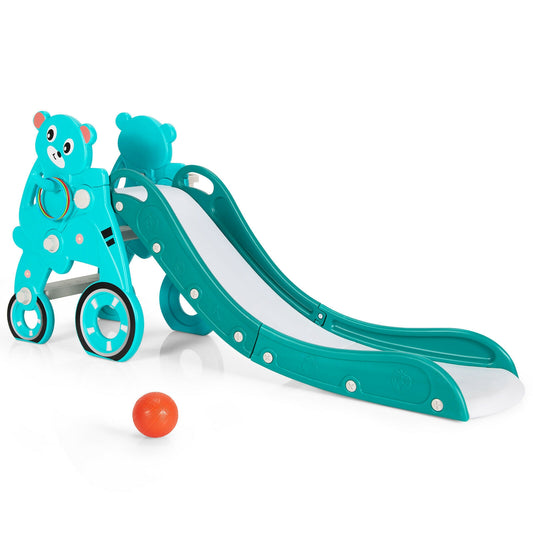 4-in-1 Kids Plastic Folding Slide PlaySet with Ring Toss and Ball-Green Kids Crystal