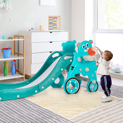 4-in-1 Kids Plastic Folding Slide PlaySet with Ring Toss and Ball-Green