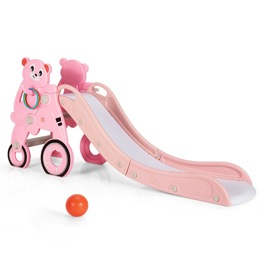 4-in-1 Kids Plastic Folding Slide PlaySet with Ring Toss and Ball-Pink Kids Crystal