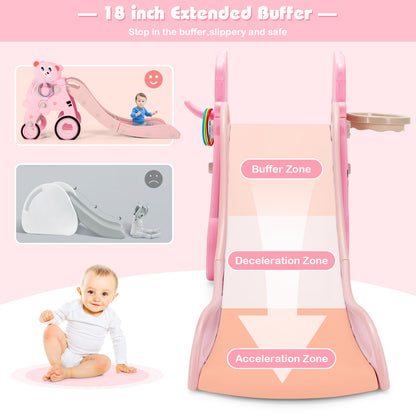 4-in-1 Kids Plastic Folding Slide PlaySet with Ring Toss and Ball-Pink