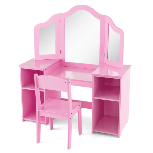 Kids Vanity Table and Chair Set with Removable Tri-Folding Mirror-Pink Kids Crystal