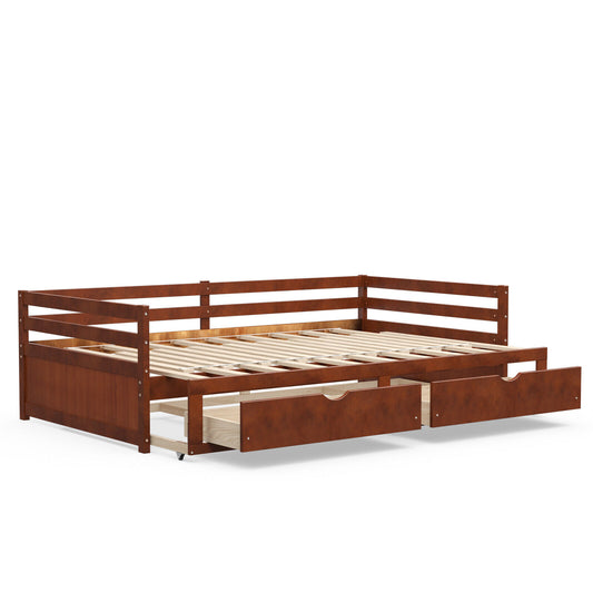 Extendable Twin to King Daybed with Trundle and 2 Storage Drawers-Brown Kids Crystal
