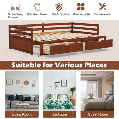 Extendable Twin to King Daybed with Trundle and 2 Storage Drawers-Brown