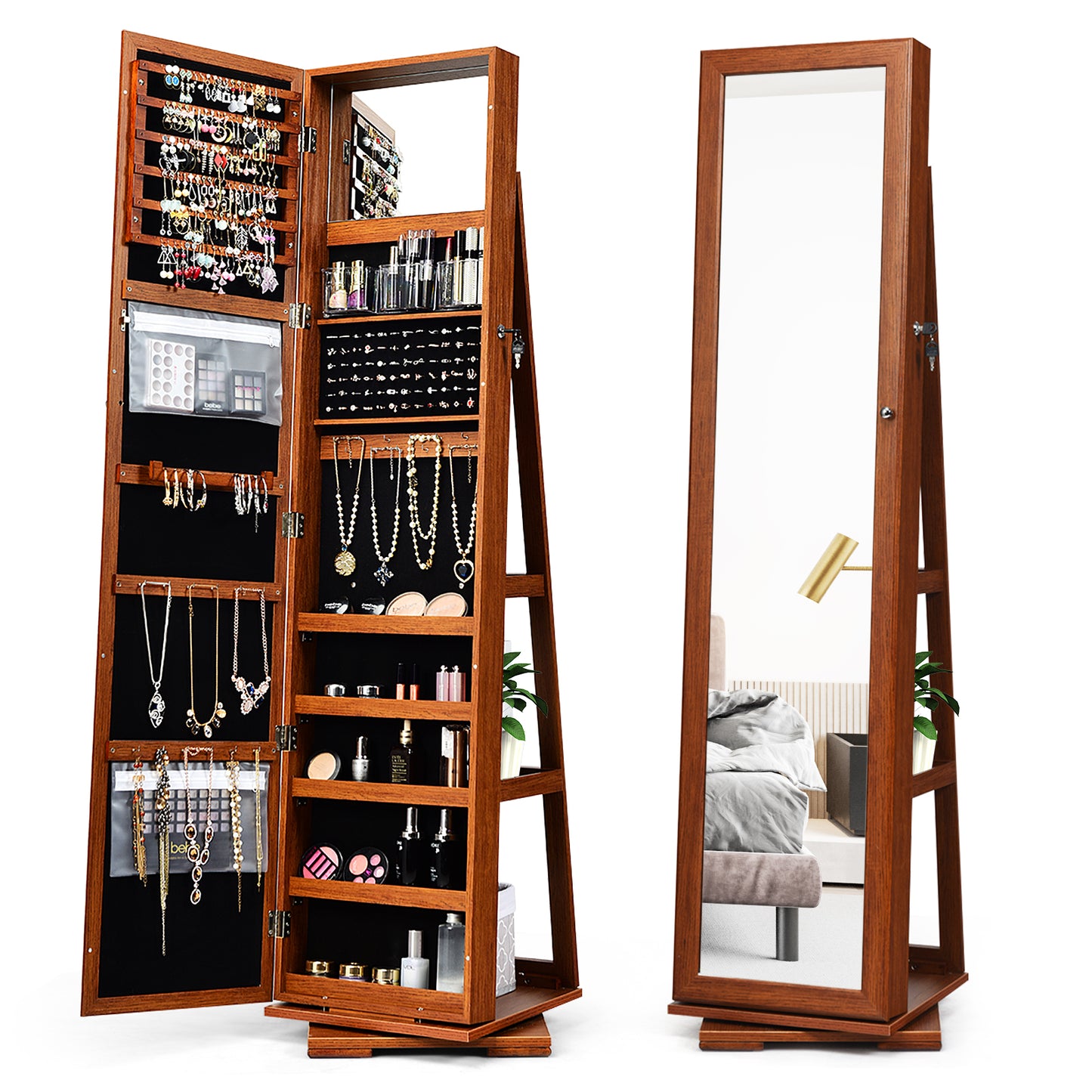 360° Rotatable Armoire 2-in-1 Lockable Mirrored Jewelry Cabinet-Brown Kids Crystal