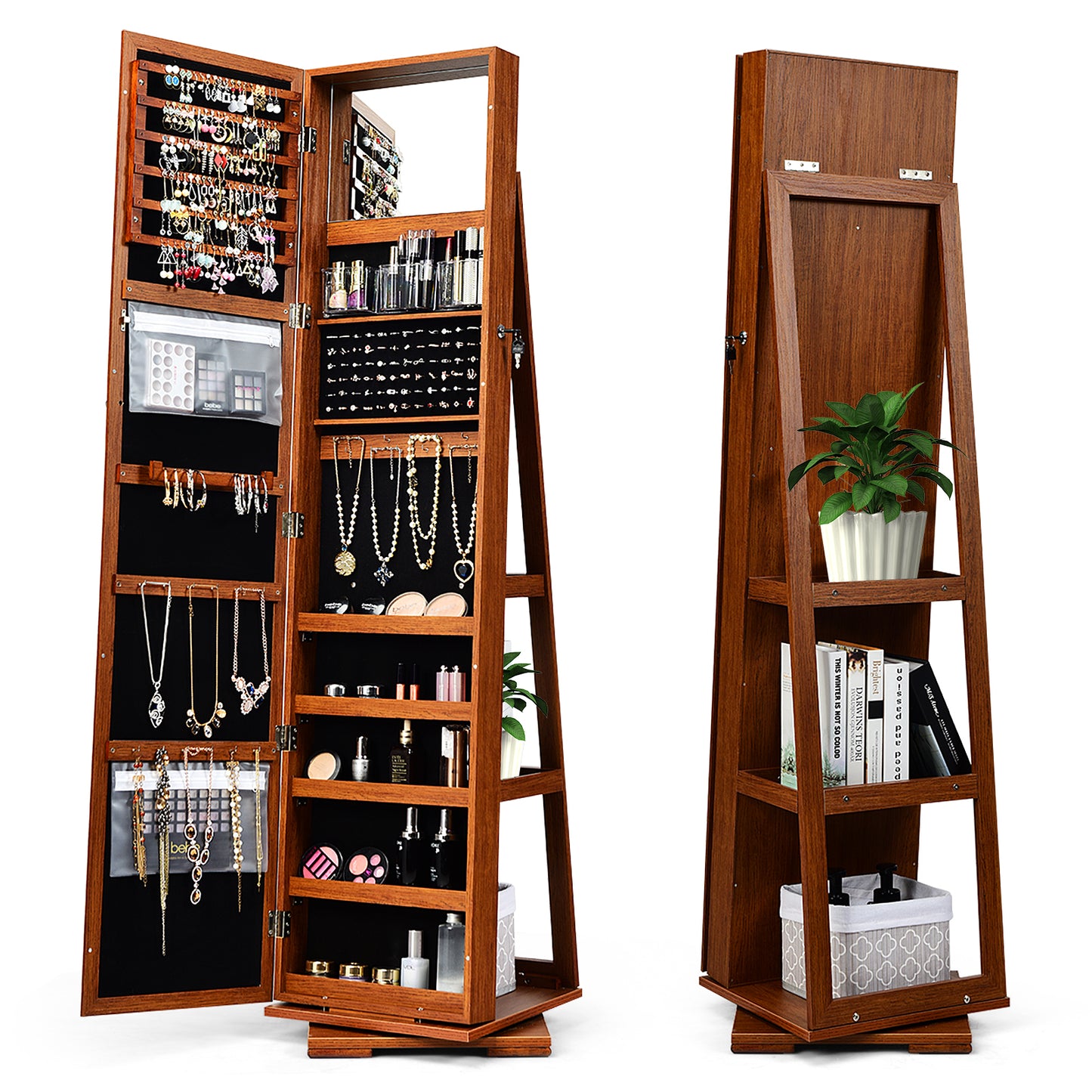 360° Rotatable Armoire 2-in-1 Lockable Mirrored Jewelry Cabinet-Brown Kids Crystal