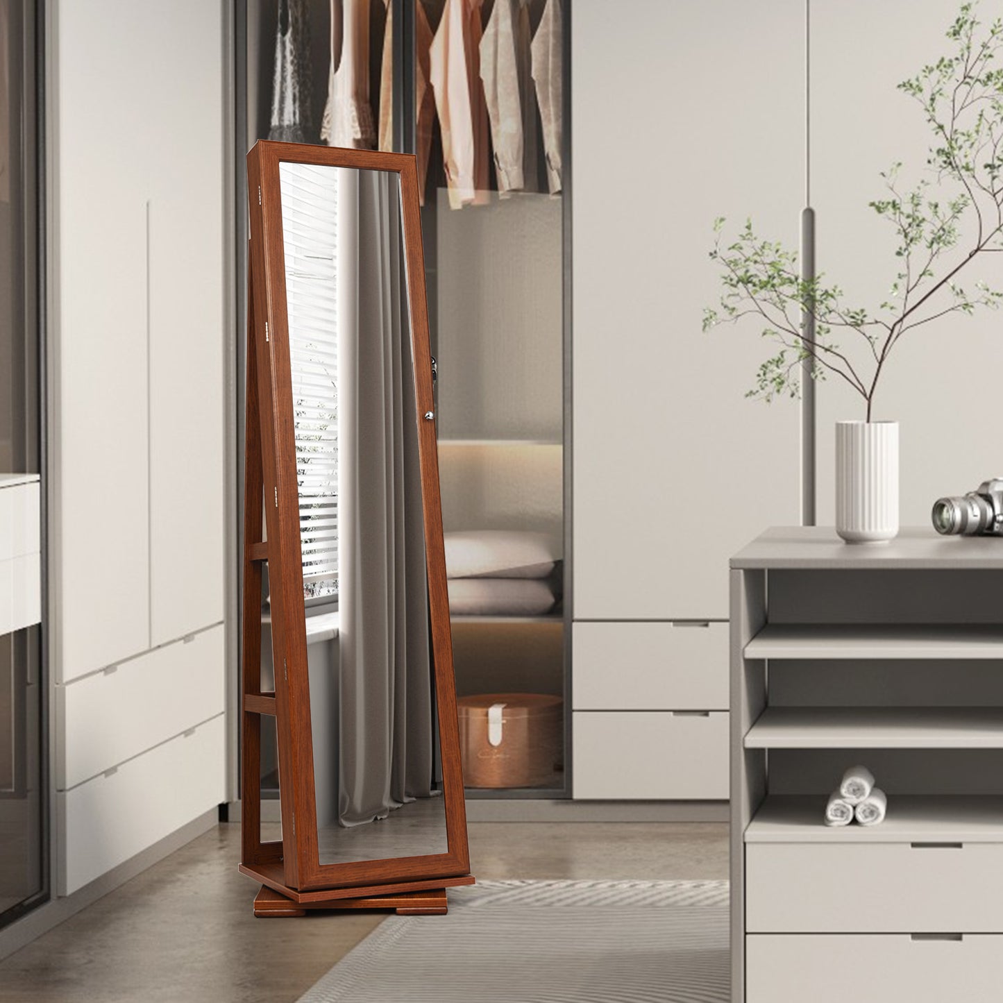 360° Rotatable Armoire 2-in-1 Lockable Mirrored Jewelry Cabinet-Brown Kids Crystal