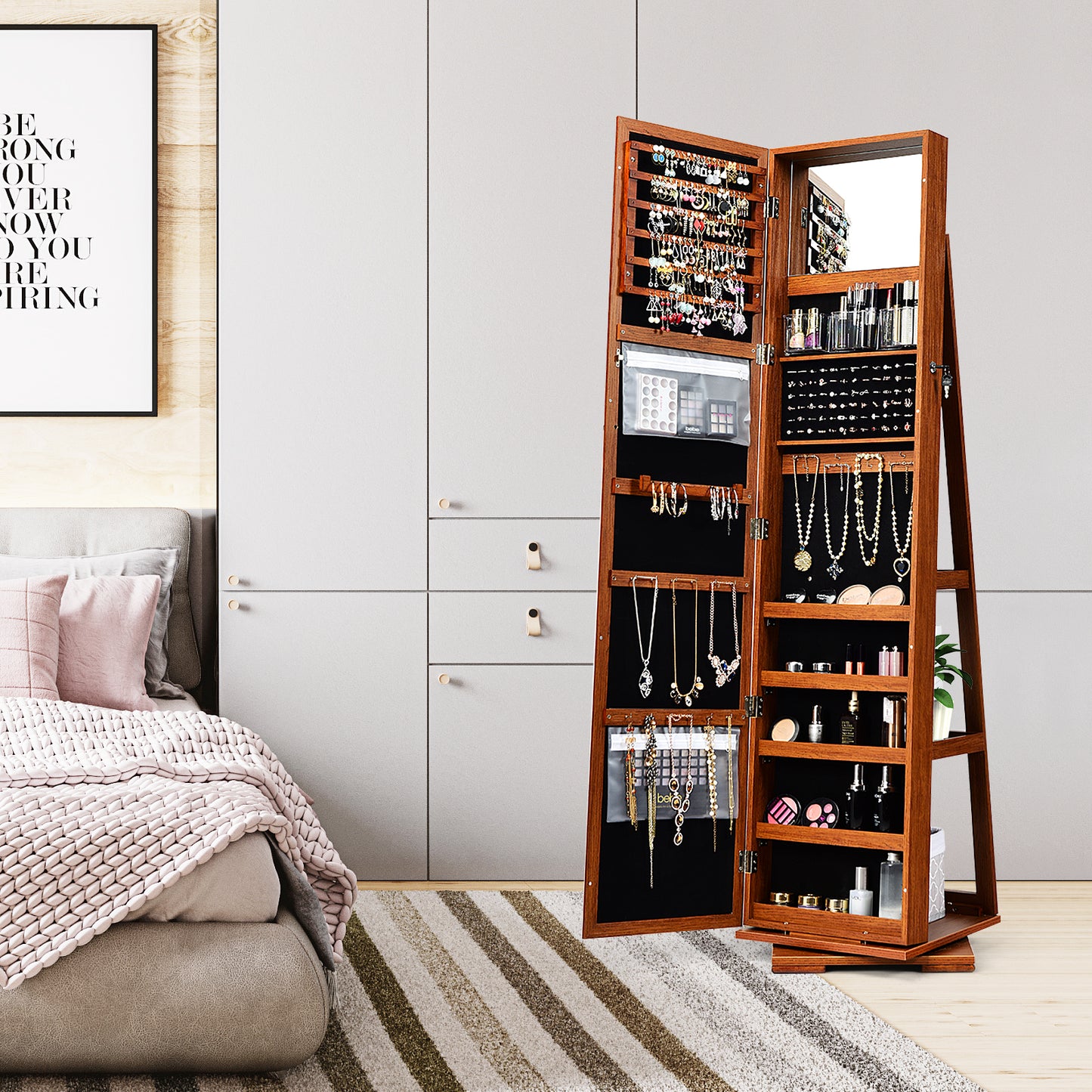 360° Rotatable Armoire 2-in-1 Lockable Mirrored Jewelry Cabinet-Brown Kids Crystal