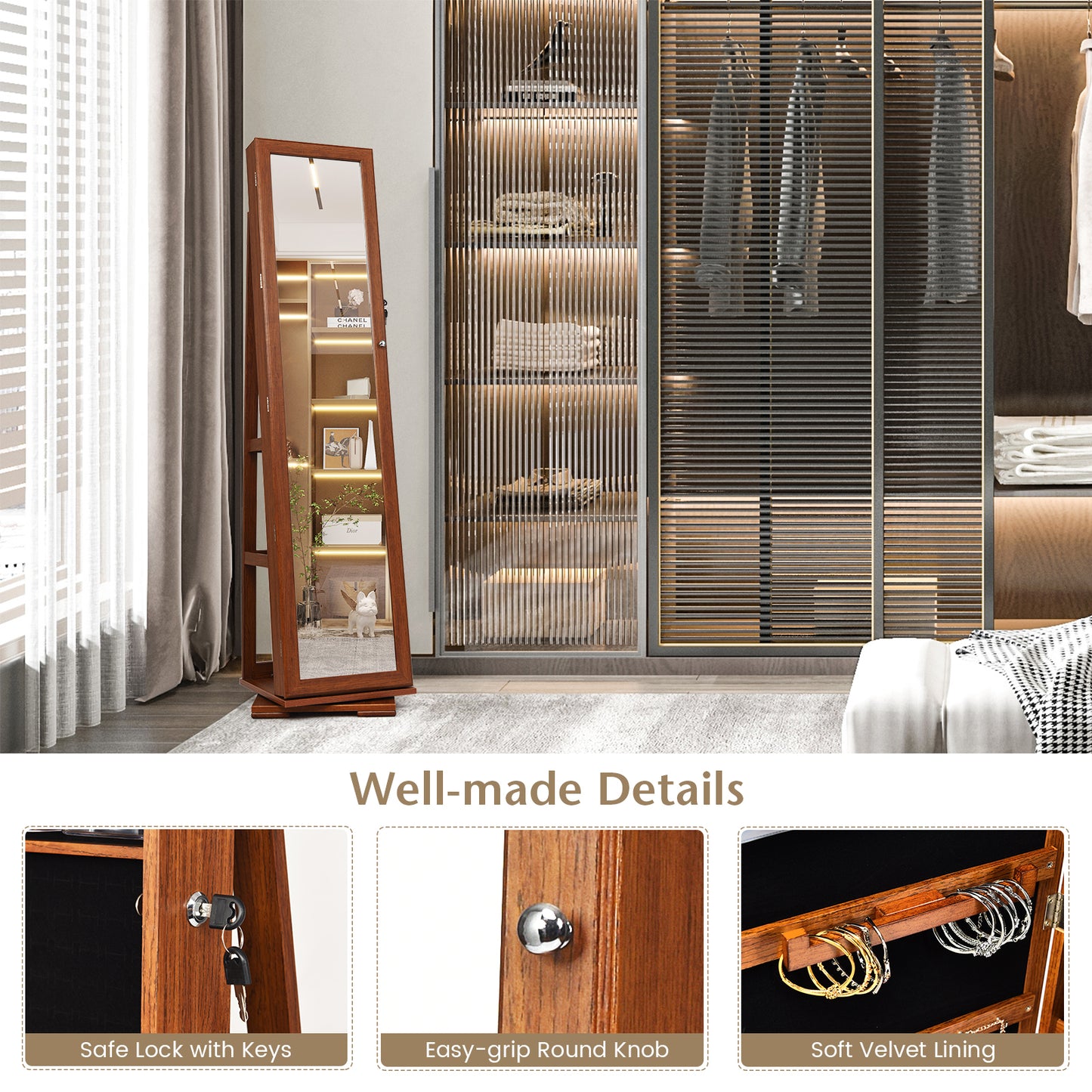 360° Rotatable Armoire 2-in-1 Lockable Mirrored Jewelry Cabinet-Brown Kids Crystal