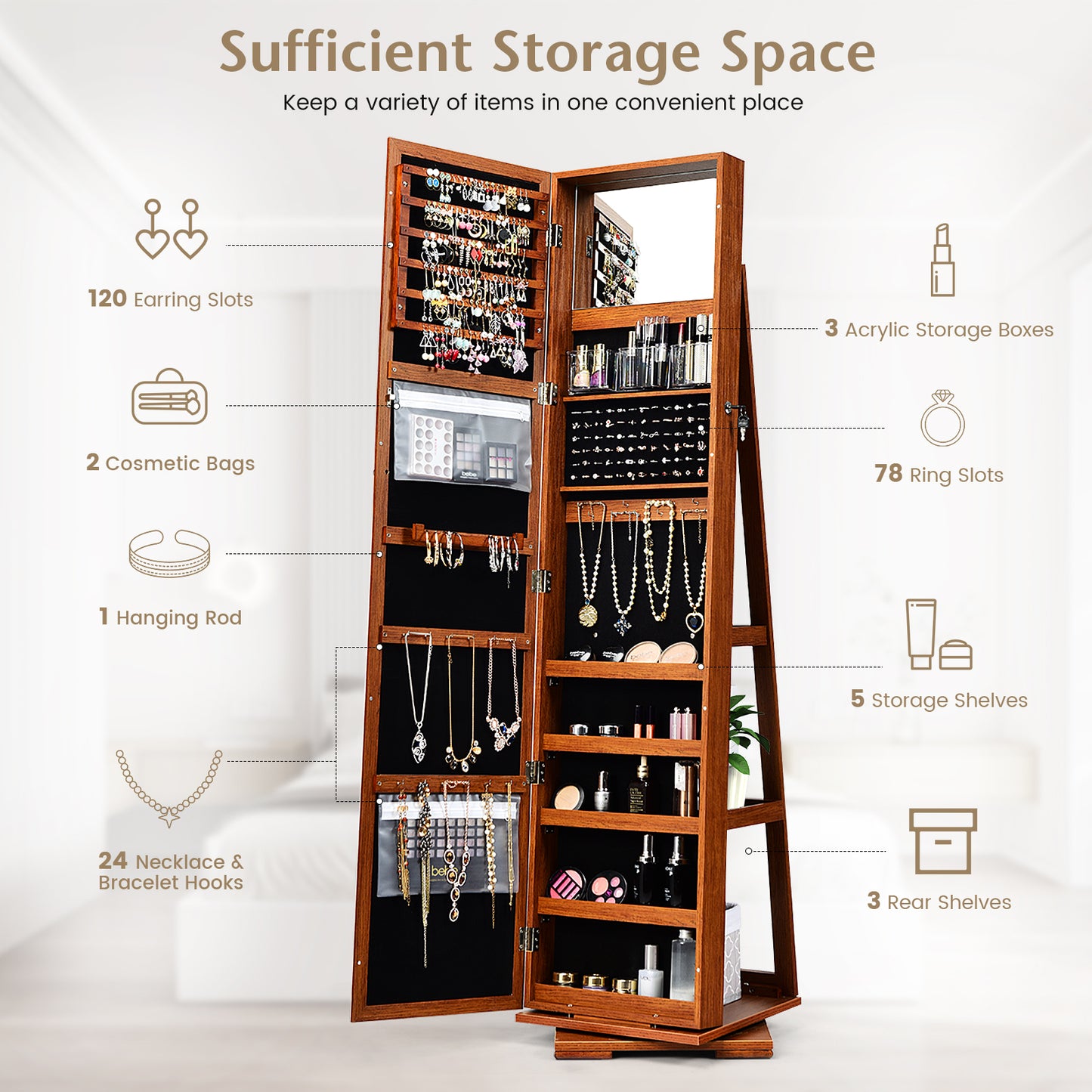 360° Rotatable Armoire 2-in-1 Lockable Mirrored Jewelry Cabinet-Brown Kids Crystal