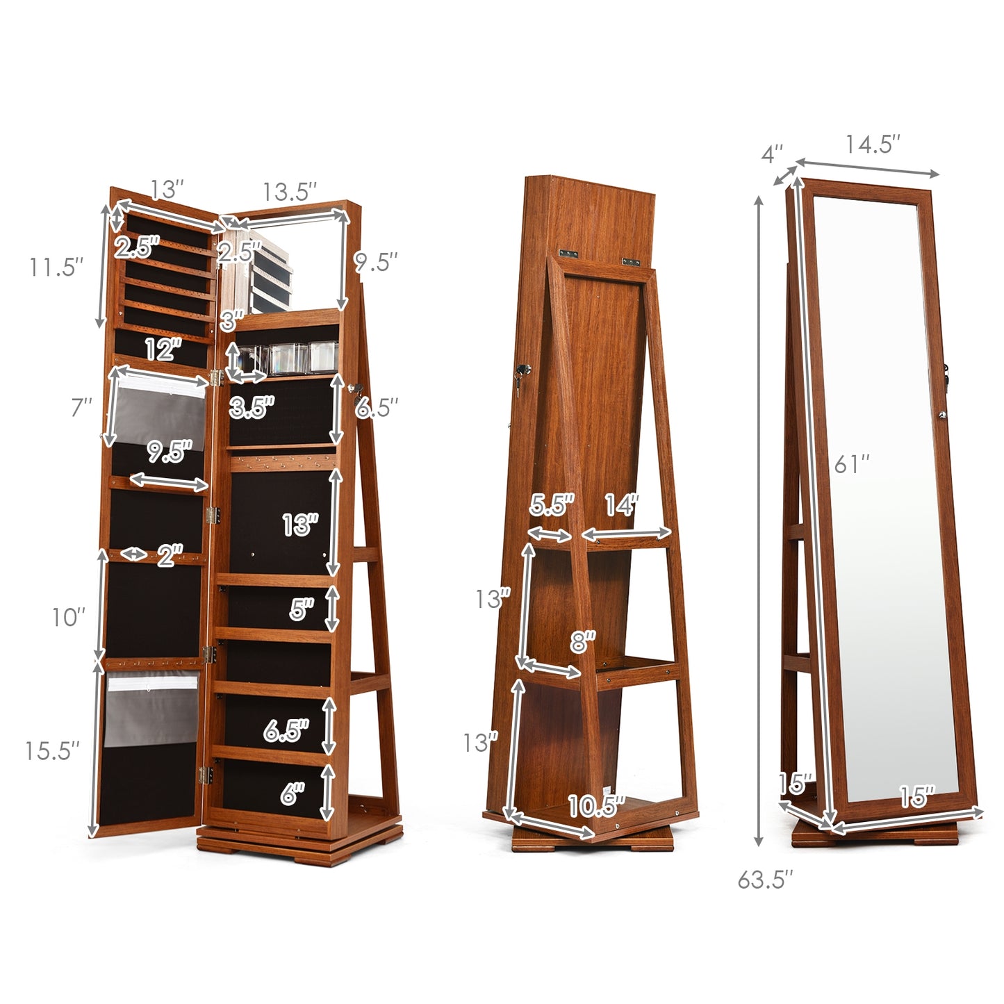 360° Rotatable Armoire 2-in-1 Lockable Mirrored Jewelry Cabinet-Brown Kids Crystal