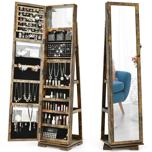 360° Rotatable Armoire 2-in-1 Lockable Mirrored Jewelry Cabinet-Rustic Brown Kids Crystal