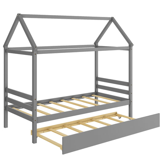 Kids Platform Bed Frame with Roof for Bedroom-Gray Kids Crystal