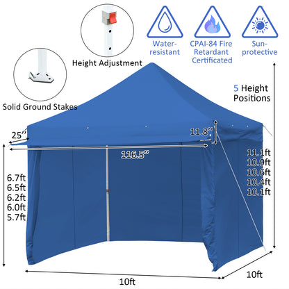 10 x 10 Feet Pop-up Gazebo with 5 Removable Zippered Sidewalls and Extended Awning-Blue