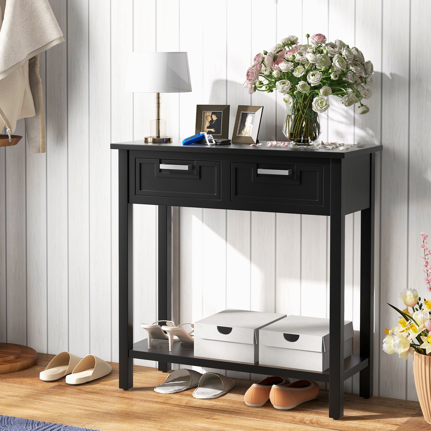 Narrow Console Table with Drawers and Open Storage Shelf-Black Kids Crystal