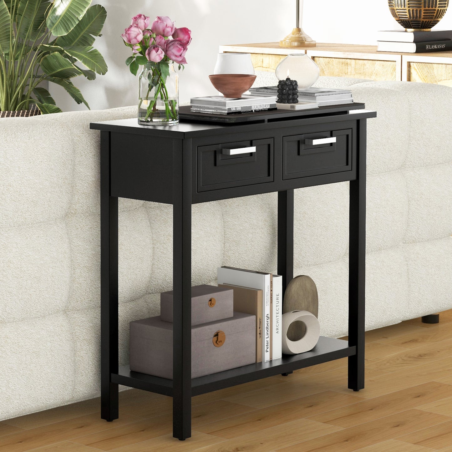 Narrow Console Table with Drawers and Open Storage Shelf-Black Kids Crystal