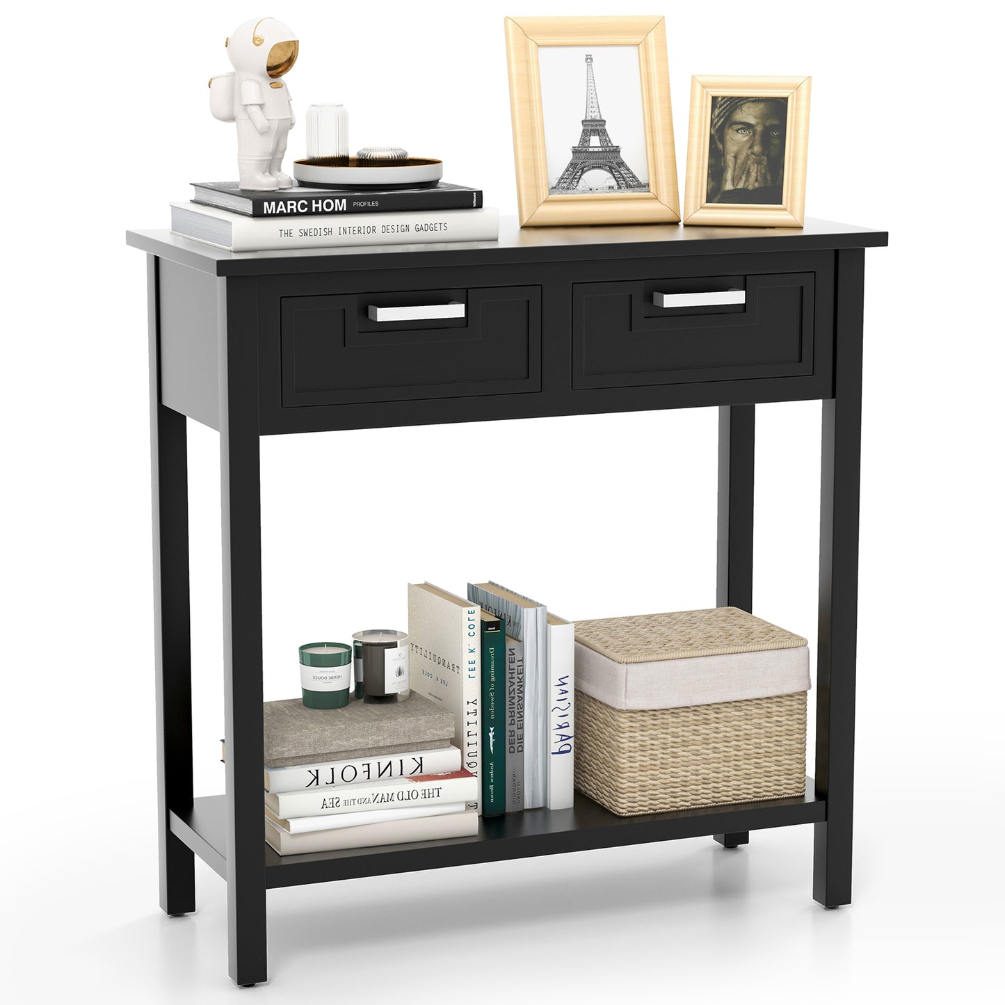 Narrow Console Table with Drawers and Open Storage Shelf-Black Kids Crystal