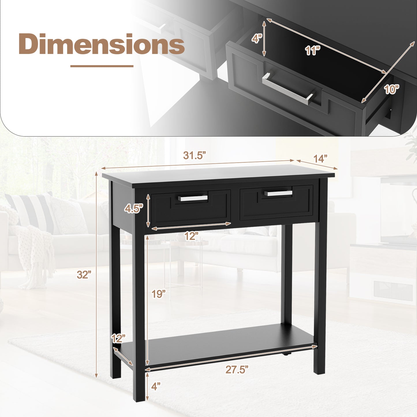Narrow Console Table with Drawers and Open Storage Shelf-Black Kids Crystal