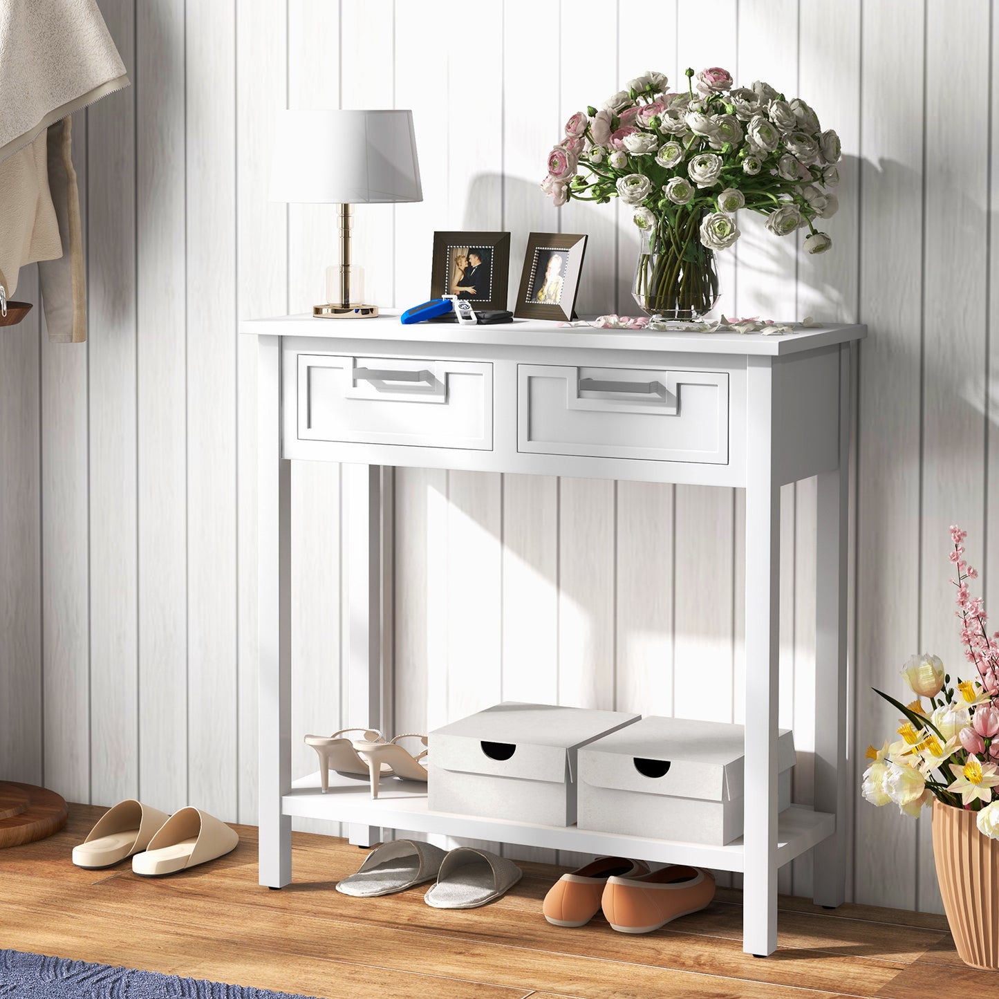 Narrow Console Table with Drawers and Open Storage Shelf-White Kids Crystal